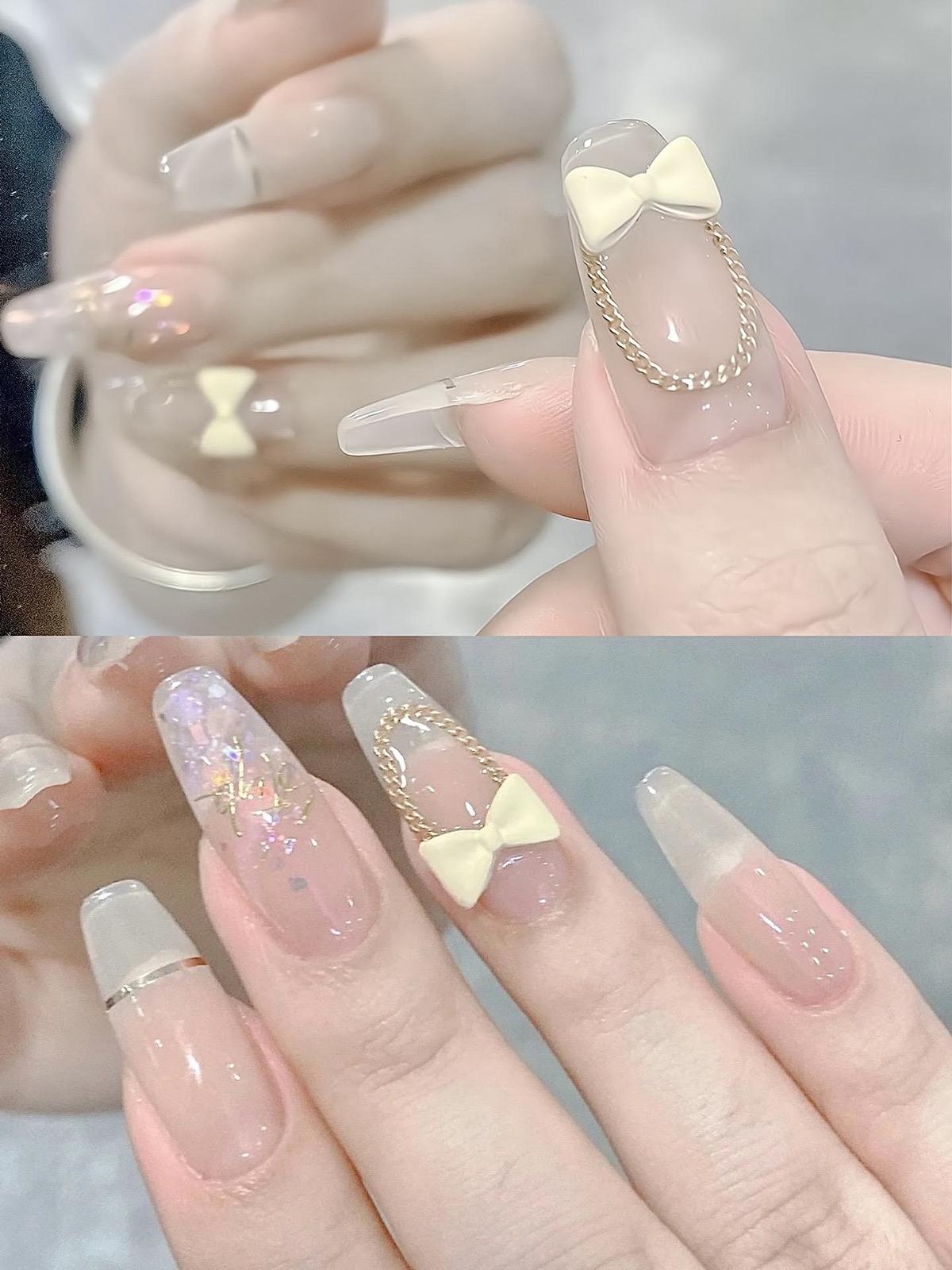 mẫu nail sơn thạch đính nơ trắng da