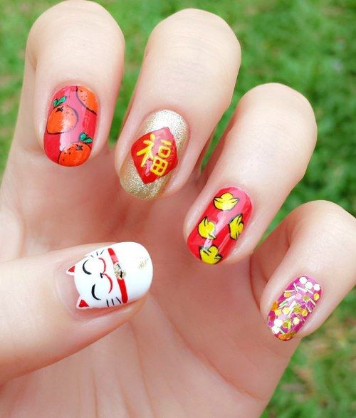 Mẫu nail hình con mèo thần tài lạ mắt